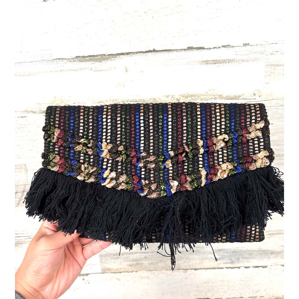 Stella & Dot Black Metallic Taj Clutch Boho Fringe Statement Bag